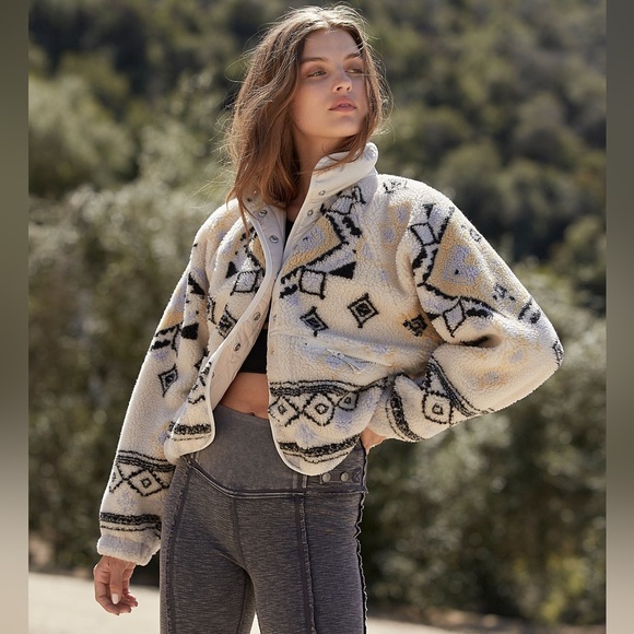 Free People Sweaters - Free People Cream and Black Geometric Sherpa Jacket